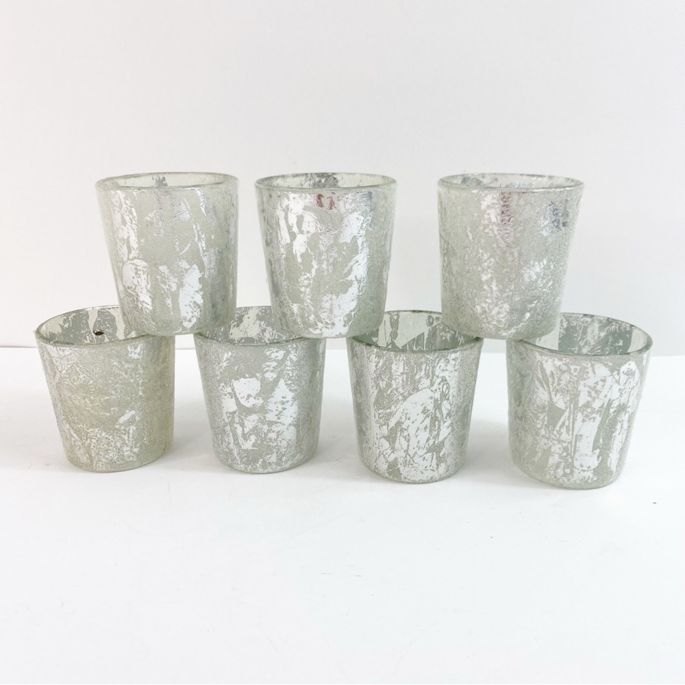 Set of 7 Glass Silver and White Flocked Votive Candles Holders
